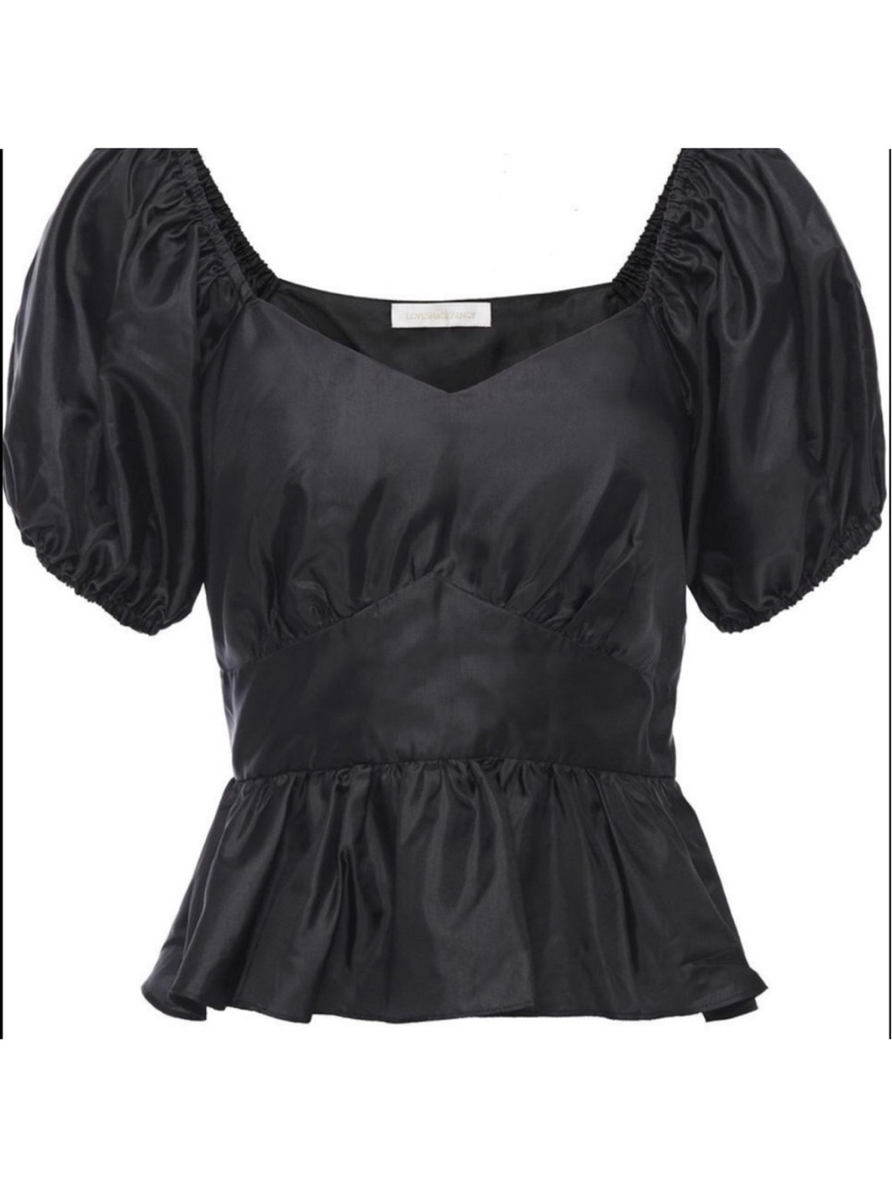 LoveShackFancy Delta Soft Taffeta Puff Sleeve Peplum Top in Black Size 6